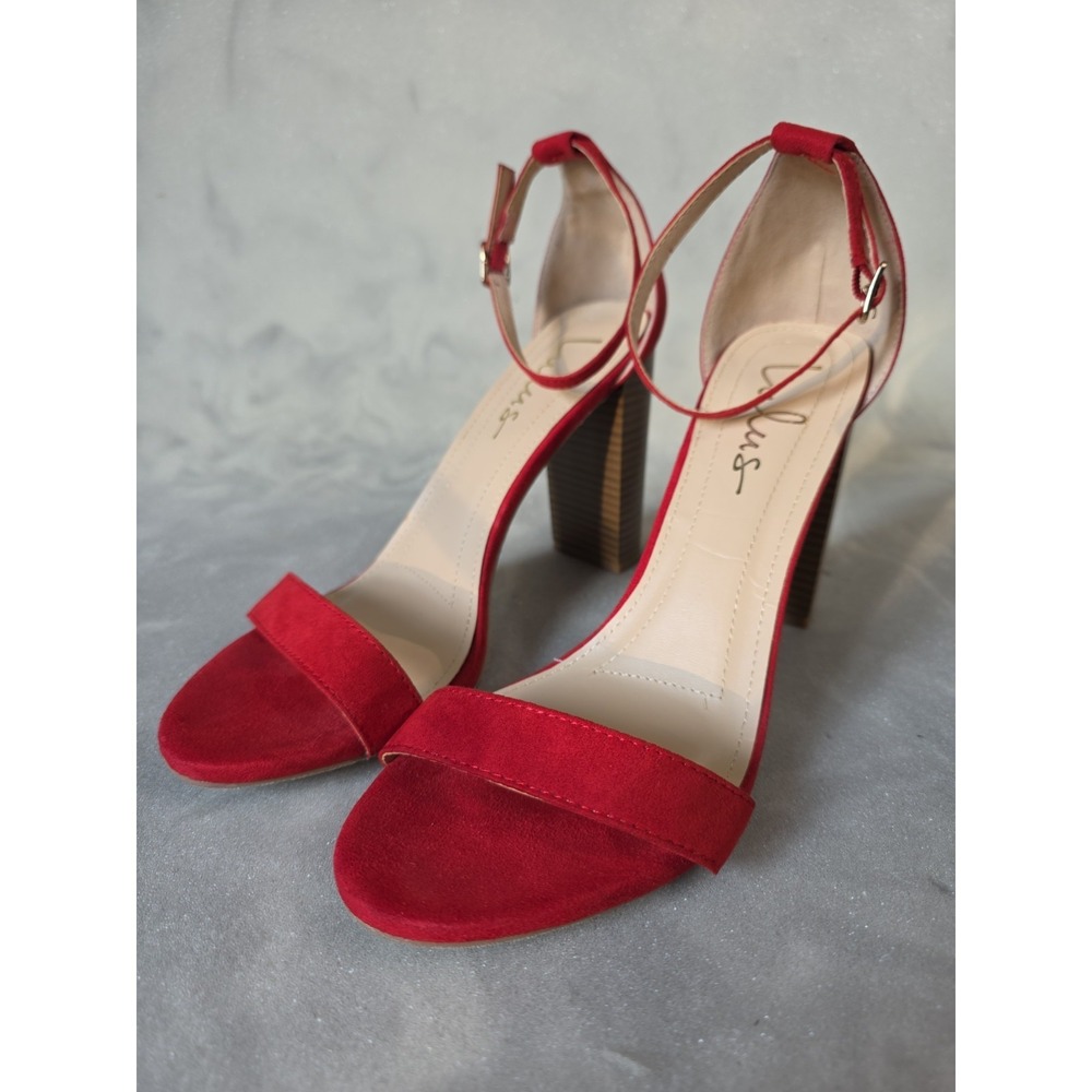 Lulus Taylor Red Satin Ankle Strap Heels Womens Size 8.5 Block Heel Open Toe